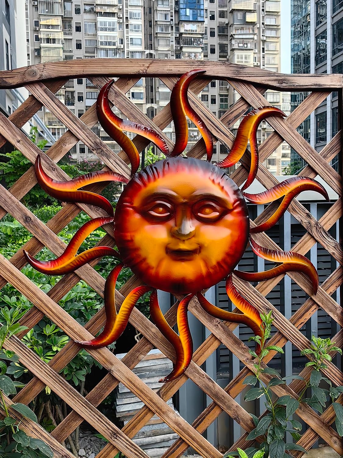 TICKCACY Decoración de pared de sol de metal, arte de pared de sol de 27.5 pulgadas para colgar en interiores y exteriores, arte de cara de sol,