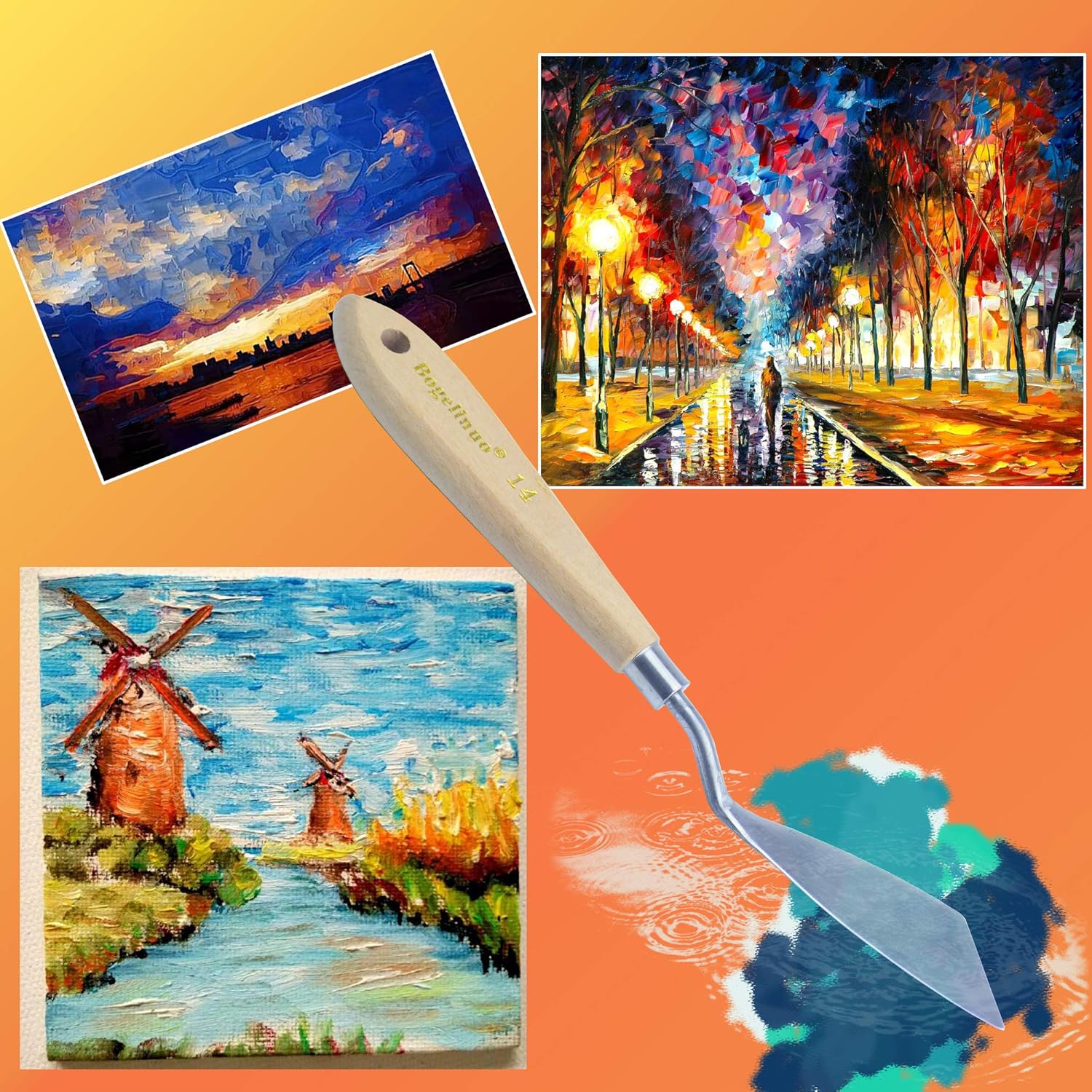 Cuchillo de paleta grande para pintura acrílica, juego de lienzo, espátula, pala, cuchillos de pintura con mango de madera, herramientas de pintura