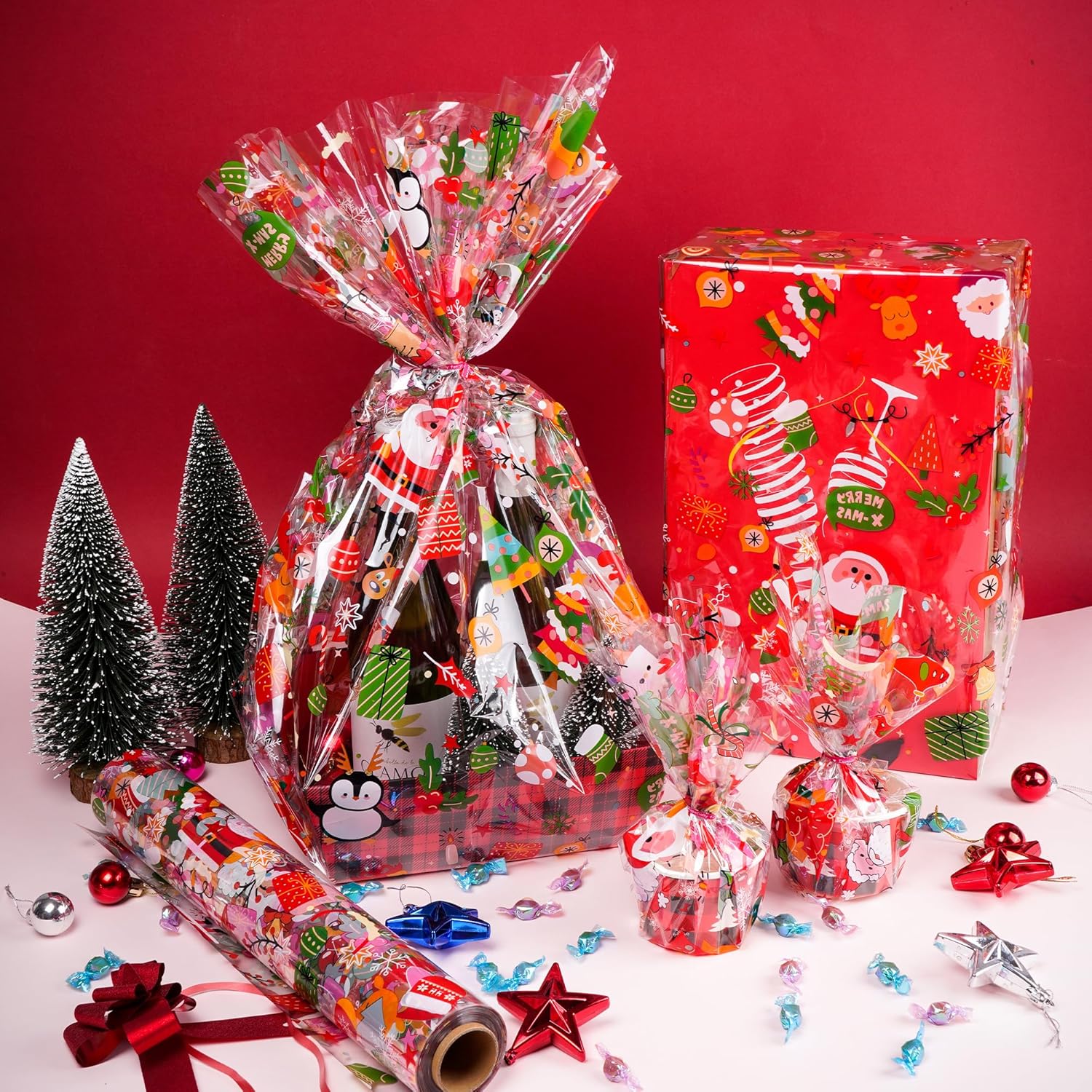 Rollo de celofán de Navidad de 100 pies x 32 pulgadas, bolsas de celofán de Navidad, envoltura de celofán con árbol de Navidad especial de Papá Noel