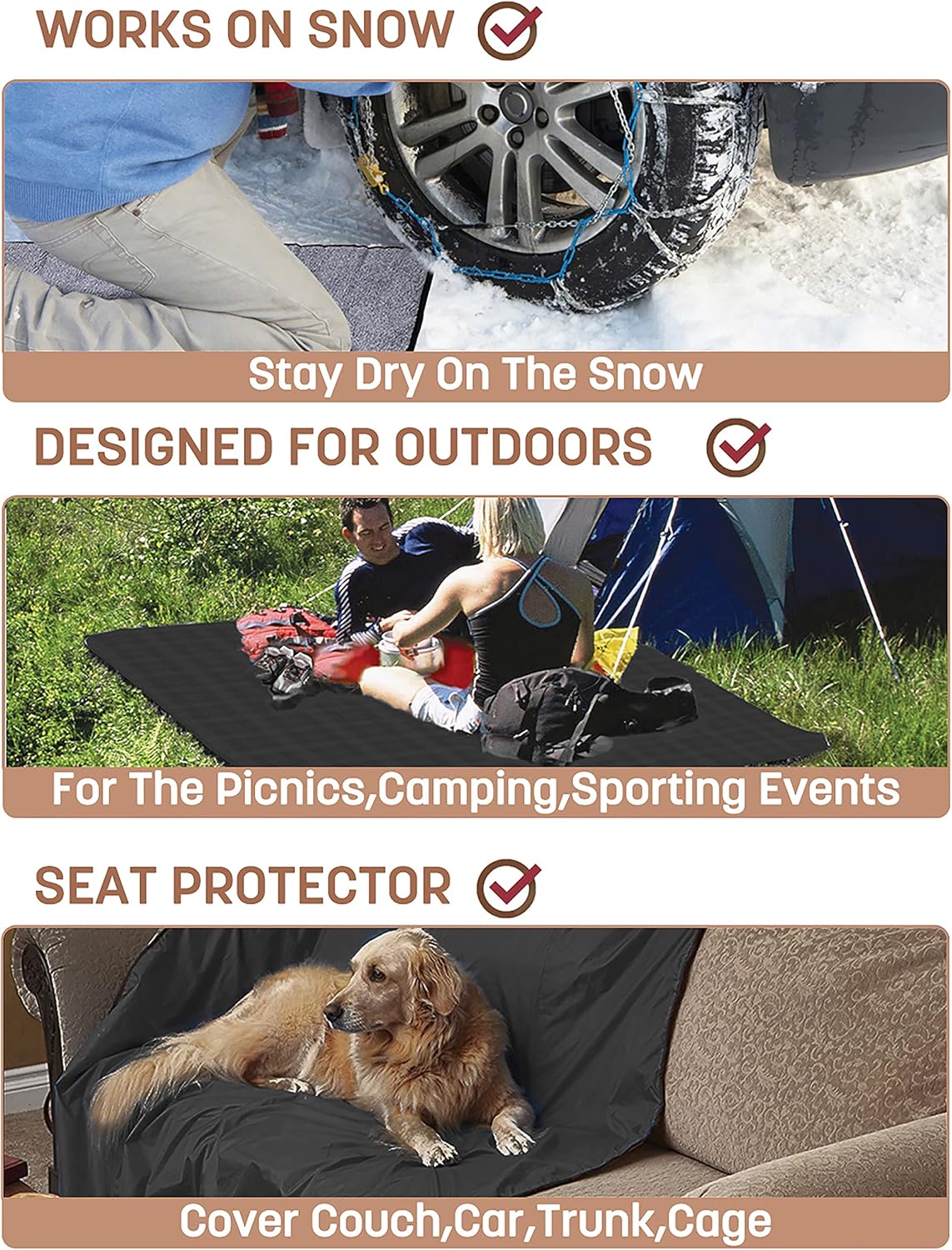 Tirrinia – Manta impermeable para exteriores con forro de lana Sherpa, resistente al viento, triple capa, abrigada, cómoda, plegable para acampar,