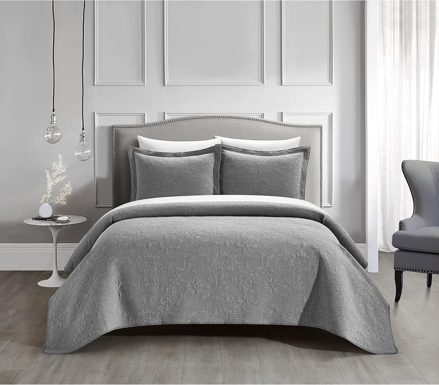 New York & Company Austin 3 Piece Cotton Blend Quilt Set Stone Washed Textured Floral Pattern Bedding – Pillow Shams Included, Queen, Grey