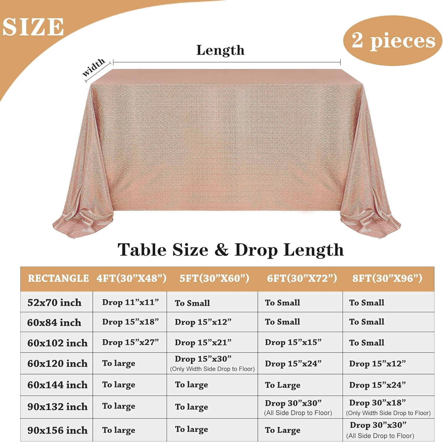 Fitable Mantel de lentejuelas color oro rosa para fiestas, paquete de 2, 90×132 pulgadas, mantel rectangular con purpurina brillante para mesas de 8