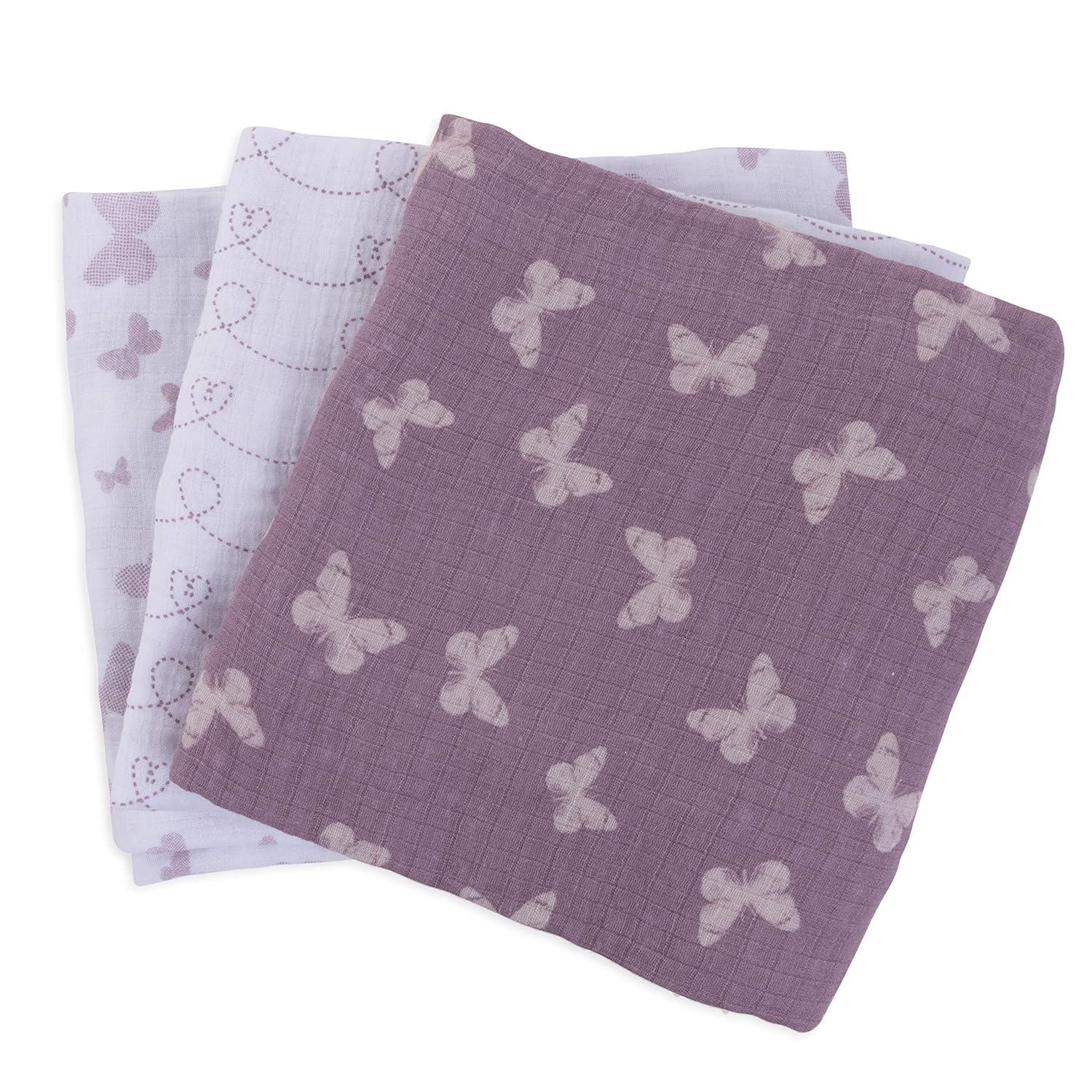 Ely’s & Co. Manta de muselina para envolver 100% algodón de muselina suave, paquete de 3 unidades de 47 x 47 pulgadas (mariposa lavanda)