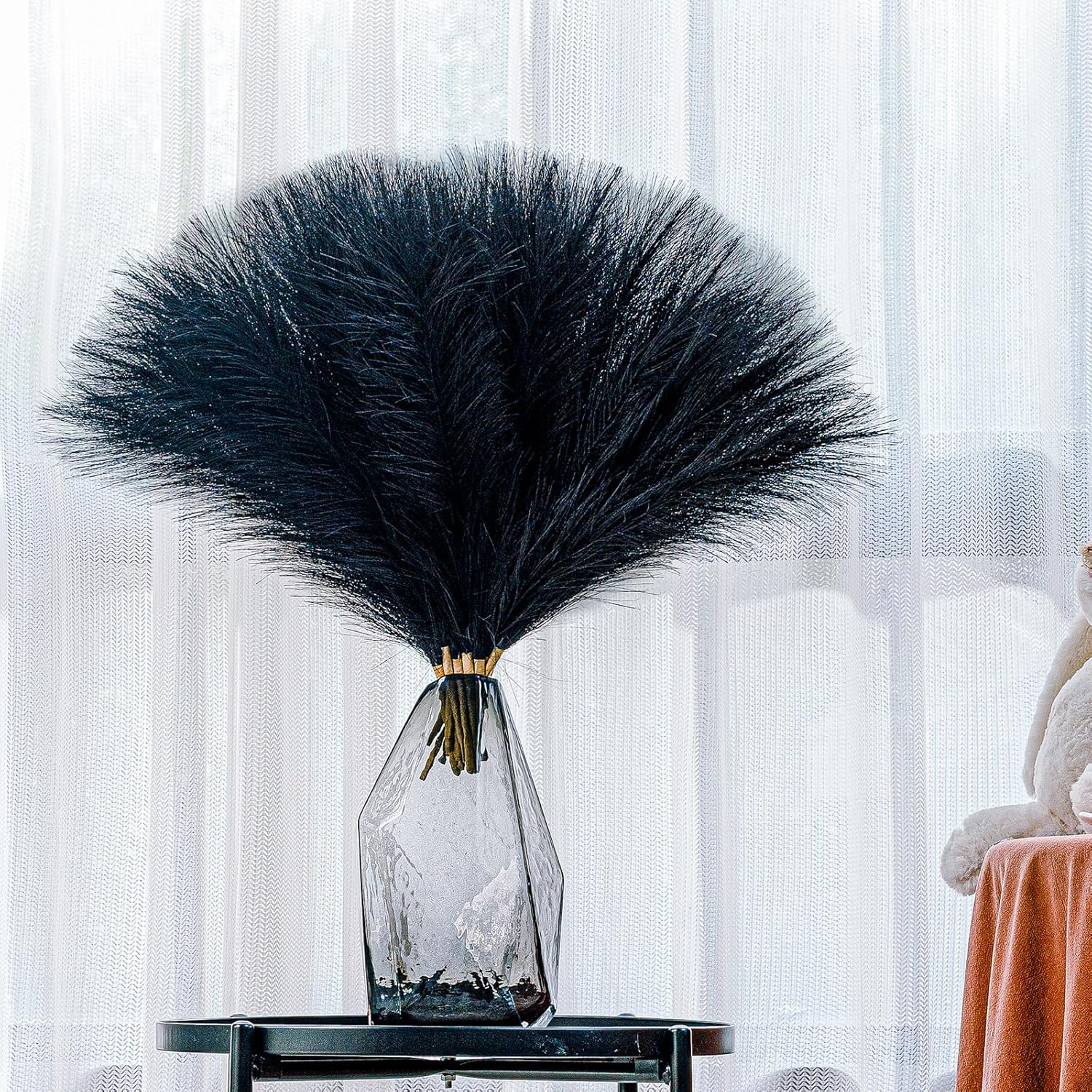 Decoración de hierba de pampa sintética negra y azul, hierba artificial de pampa, pequeña hierba de pampa, arreglo floral de pompas esponjosas