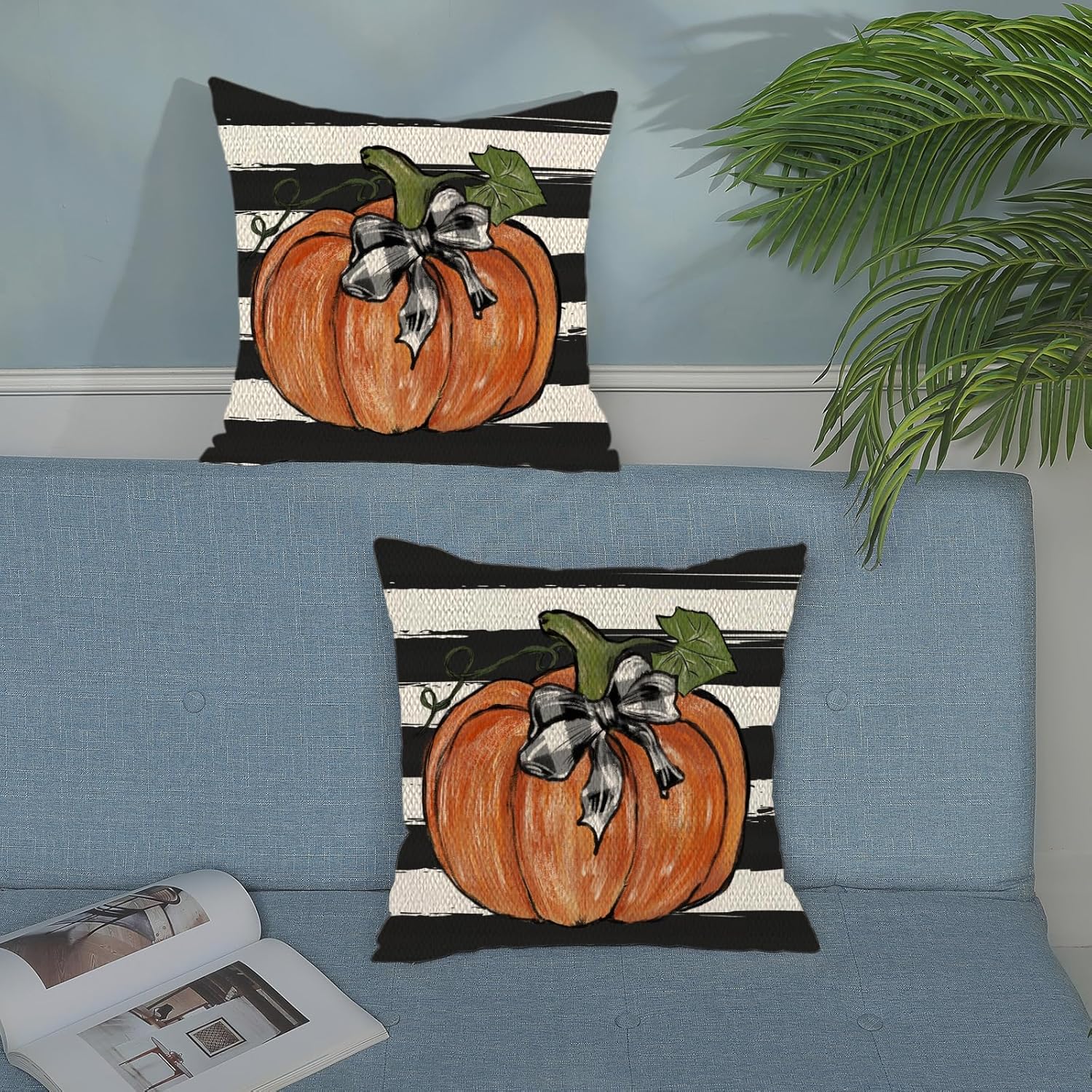 Juego de 2 fundas de almohada de otoño de 16 x 16 pulgadas, diseño de hojas de arce y rayas, decoración de otoño, de lino, Acción de Gracias, para