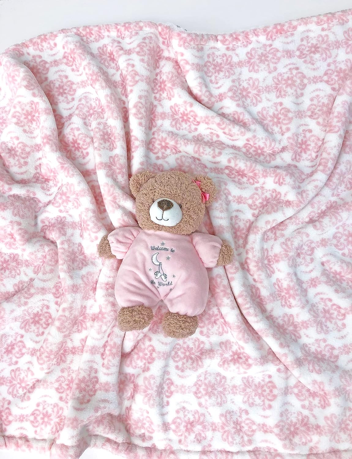 Little Me – Manta de felpa de 2 capas para bebé, 2 caras reversibles, 30 x 40 pulgadas (estampado de damasco rosa)
