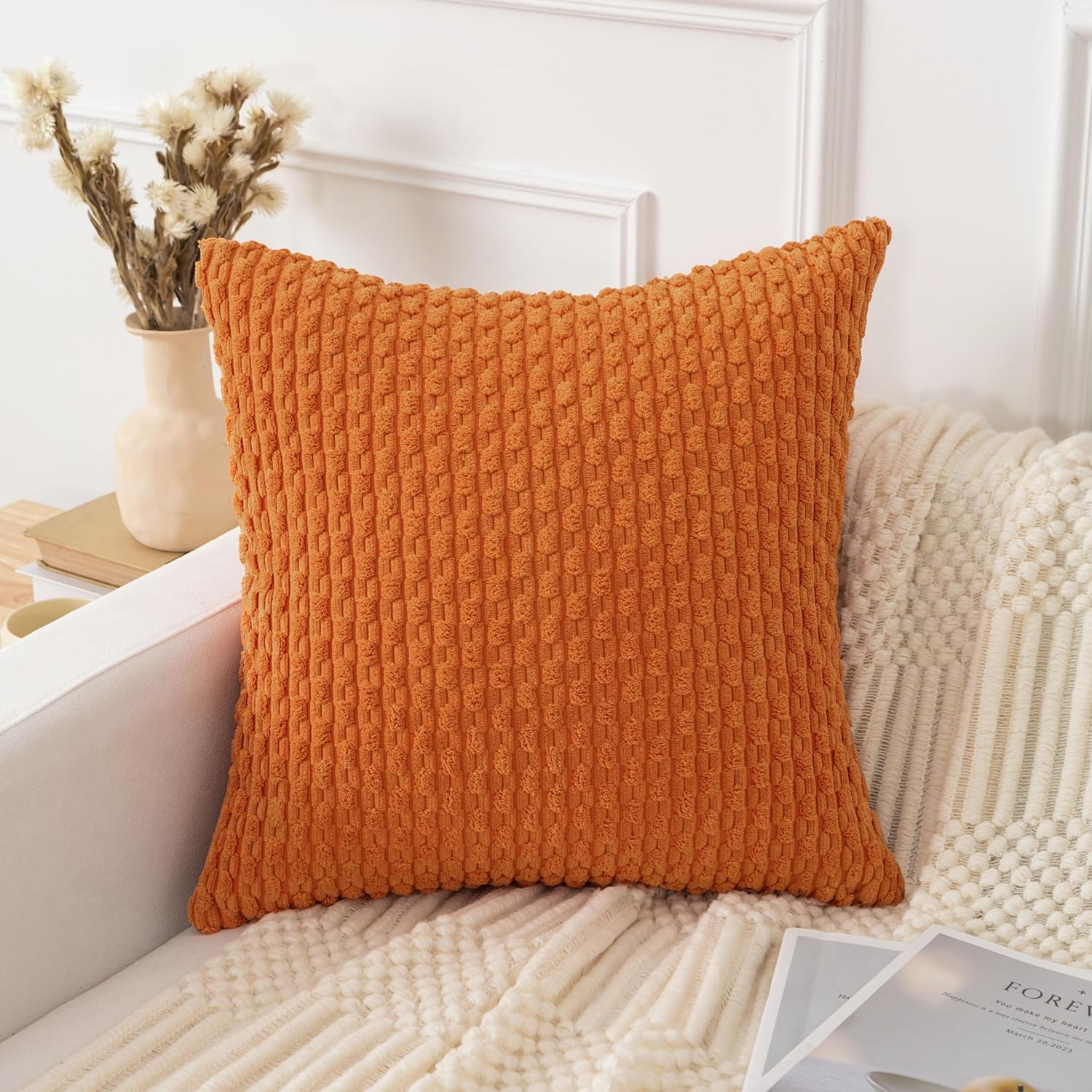 UGASA – Funda de almohada decorativa de pana suave para otoño, 24 x 24 pulgadas, estilo bohemio, a rayas, decoración moderna para el hogar, sofá,