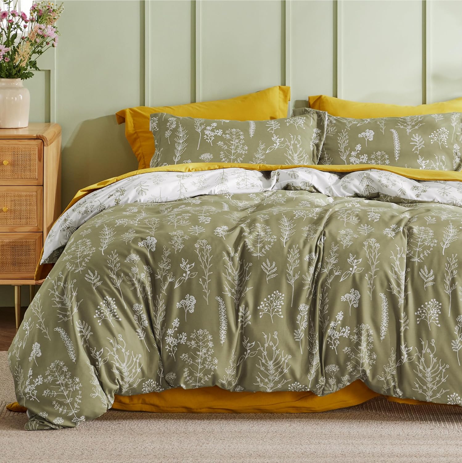 Bedsure Funda de edredón tamaño King  Juego de funda de edredón floral botánica con cierre de cremallera, juego de ropa de cama verde oliva, 3
