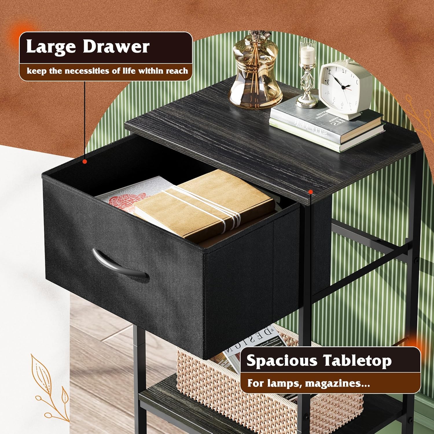 WLIVE Mesita de noche, mesa auxiliar con cajón de almacenamiento de tela y estante de madera abierto, muebles de noche con marco de acero, mesa