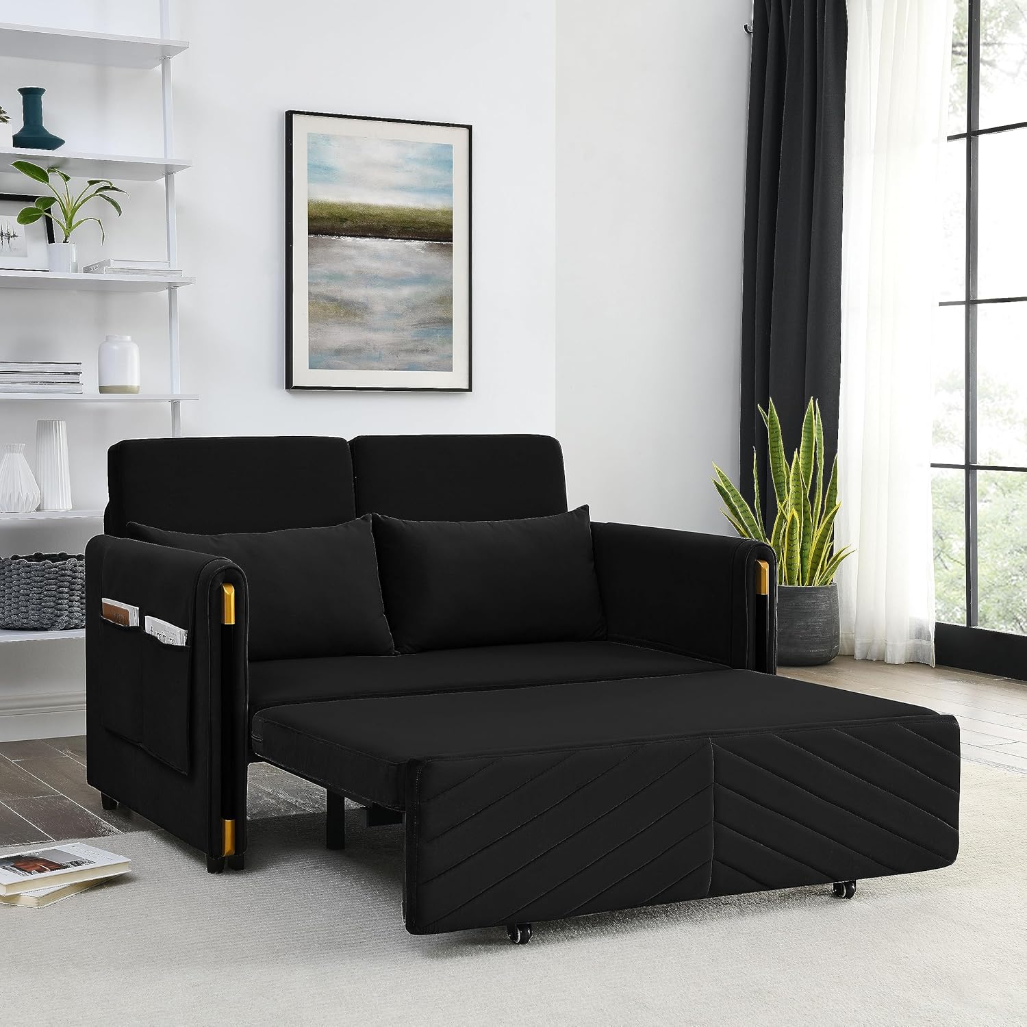 Moderno sofá cama convertible con 2 bolsillos desmontables en los brazos, sofá biplaza de terciopelo ajustable multiposición con cama extraíble con