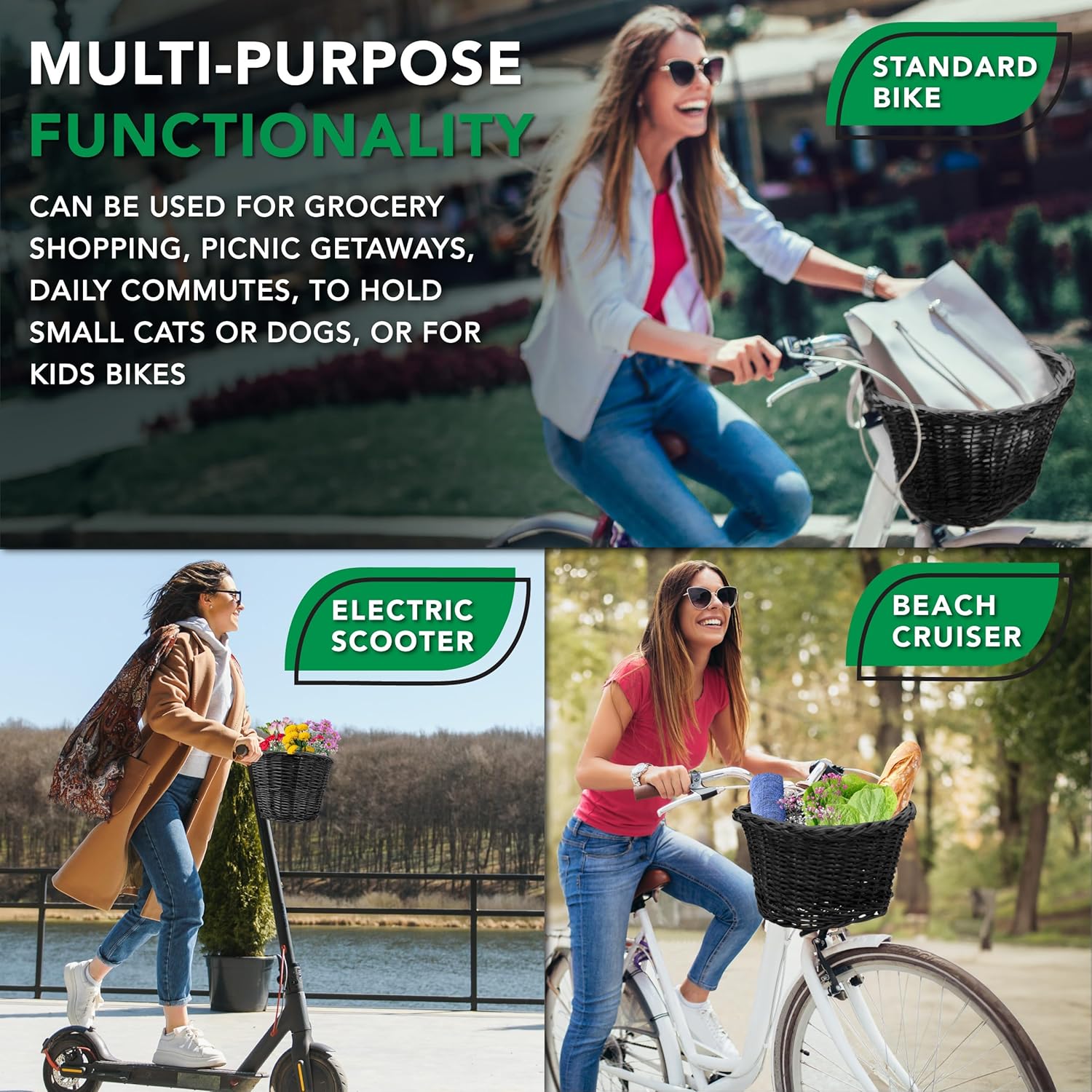 Prosource Cesta de mimbre para bicicleta, carga frontal para mujeres y hombres, se adapta a la mayoría de bicicletas, cruceros de playa, bicicletas