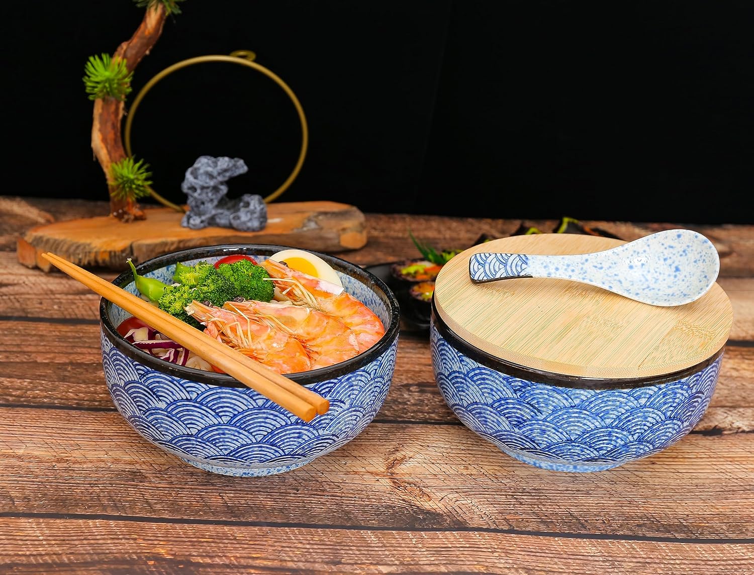 Juego de tazones de cerámica japoneses para ramen, cuencos de sopa grandes de 31 onzas con palillos y cuchara para Pho Udon Soba asiática (patrón