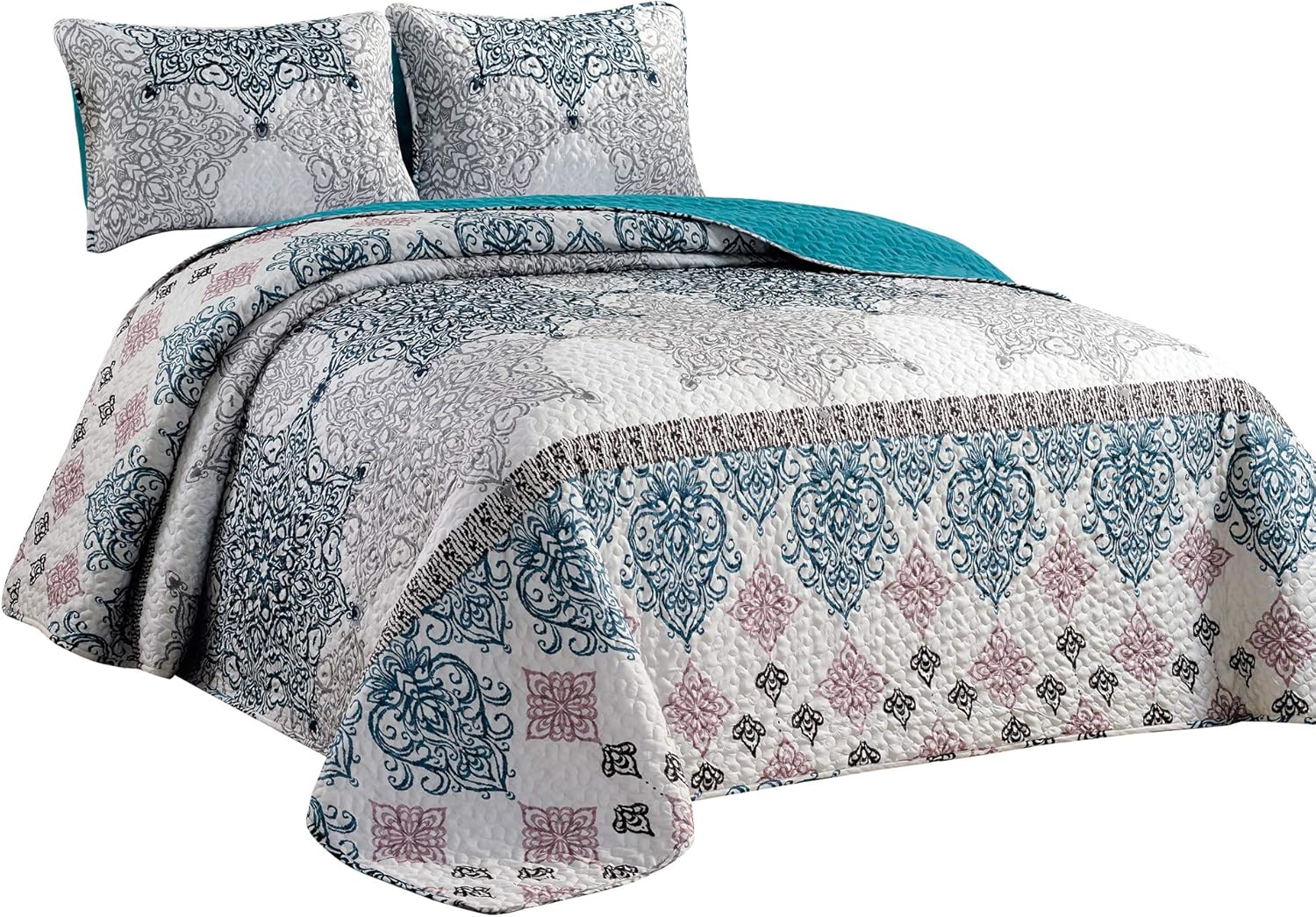 Grand Linen – Juego de colcha de 3 piezas con estampado de tamaño King, color verde azulado, azul y gris