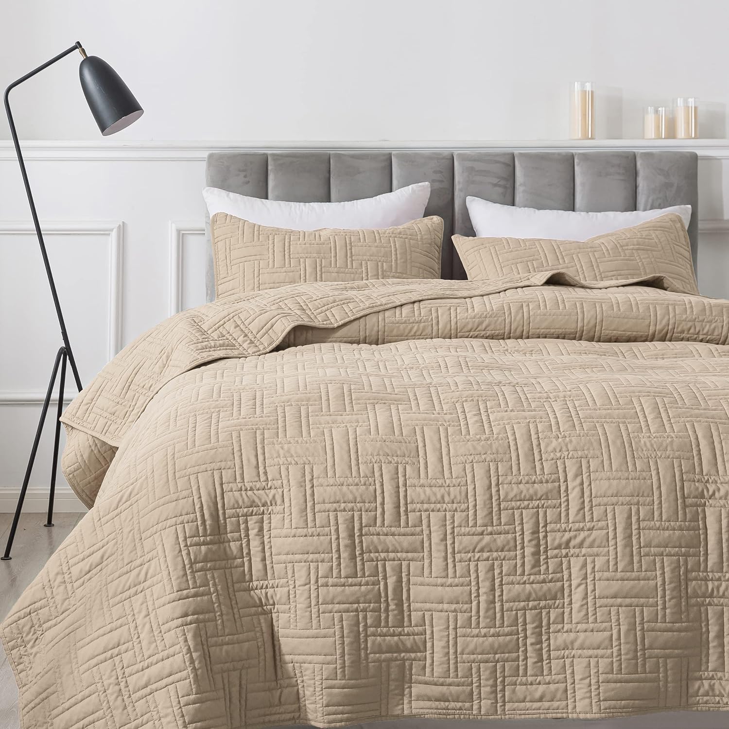Juego de ropa de cama beige tamaño Queen con fundas de almohada, colcha ligera y suave, manta acolchada de tejido de canasta, funda de cama fina