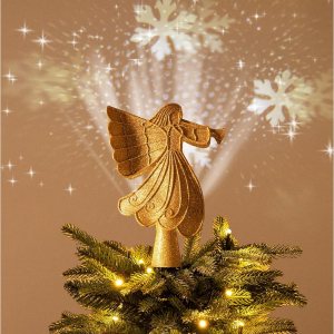 Valery Madelyn Decoración de árbol de ángel de Navidad con luces LED giratorias de copos de nieve, copa de árbol dorada iluminada con proyección de Valery Madelyn Decoración de árbol de ángel de Navidad con luces LED giratorias de copos de nieve, copa de árbol dorada iluminada con proyección de