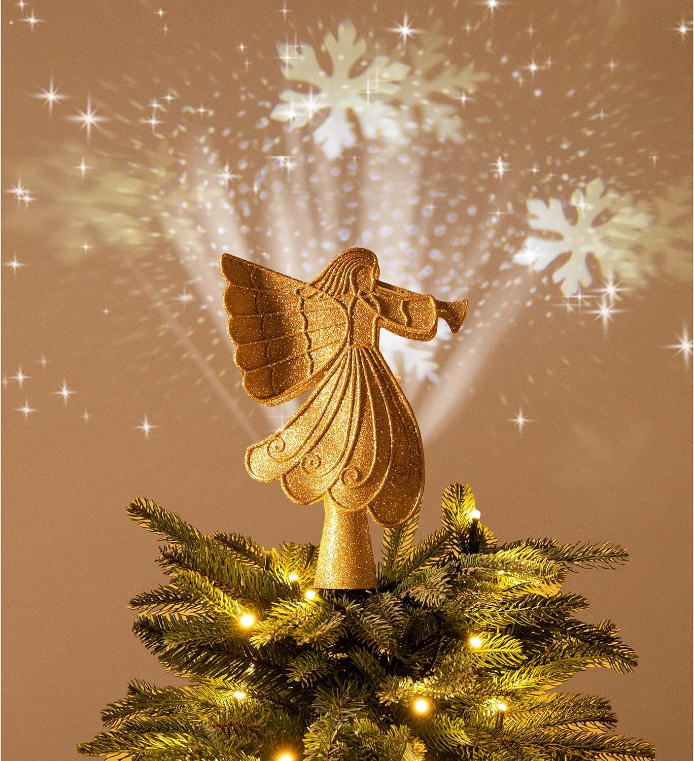 Valery Madelyn Decoración de árbol de ángel de Navidad con luces LED giratorias de copos de nieve, copa de árbol dorada iluminada con proyección de