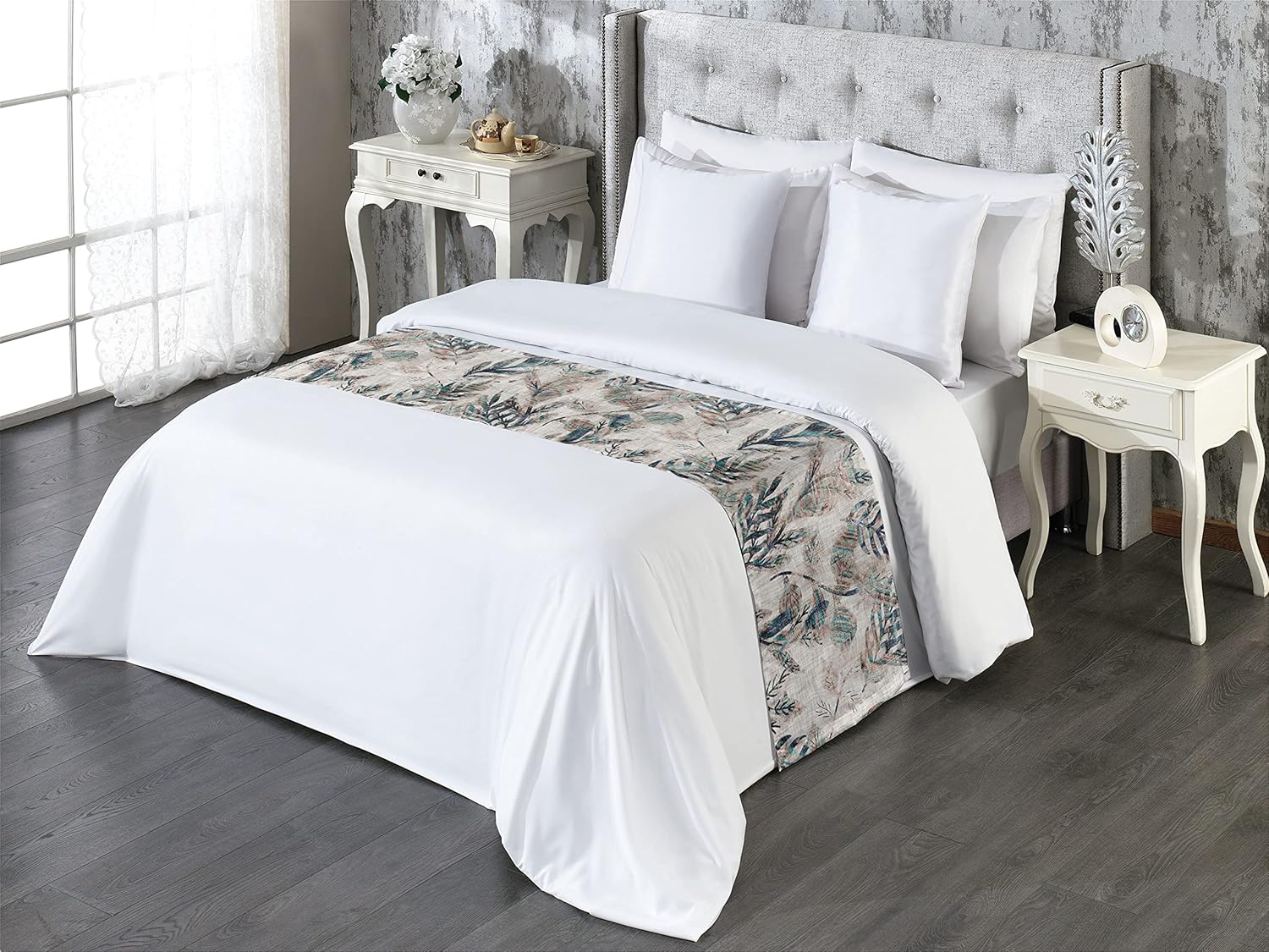Ambesonne Camino de cama bohemio, aspecto de plumas, hojas envejecidas, efecto envejecido, impresión artística temática vintage, bufanda decorativa