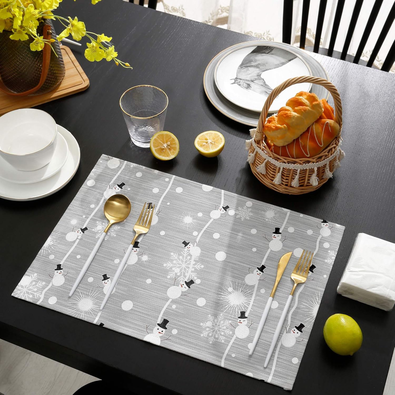 Mantel individual de invierno para mesa de comedor, juego de 4 manteles individuales de algodón y lino impermeable, mantel individual de copo de