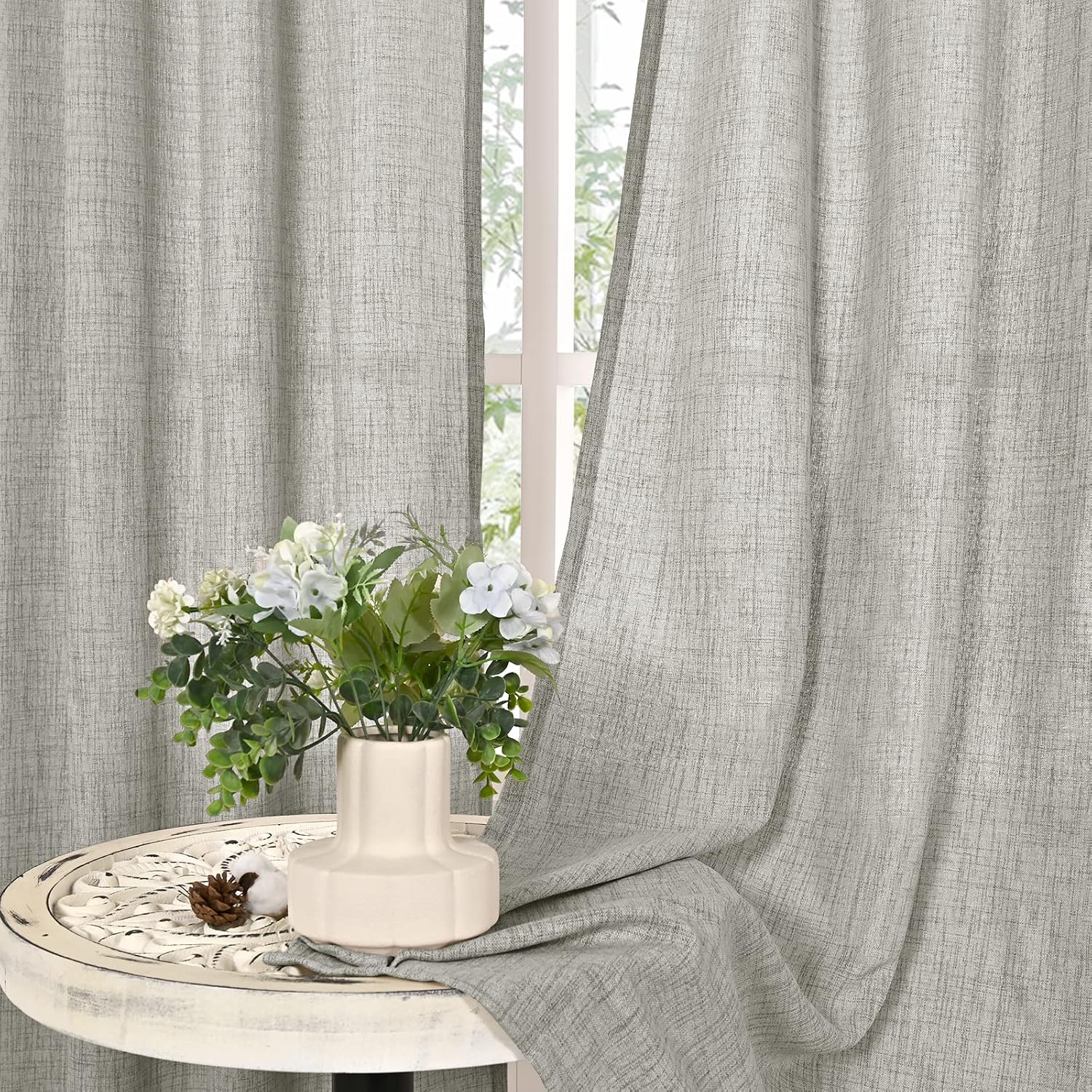 YoungsTex Cortinas de lino de 63 pulgadas de largo para sala de estar corta, cortinas de lino gris claro con ojales de bronce, cortinas de ventana