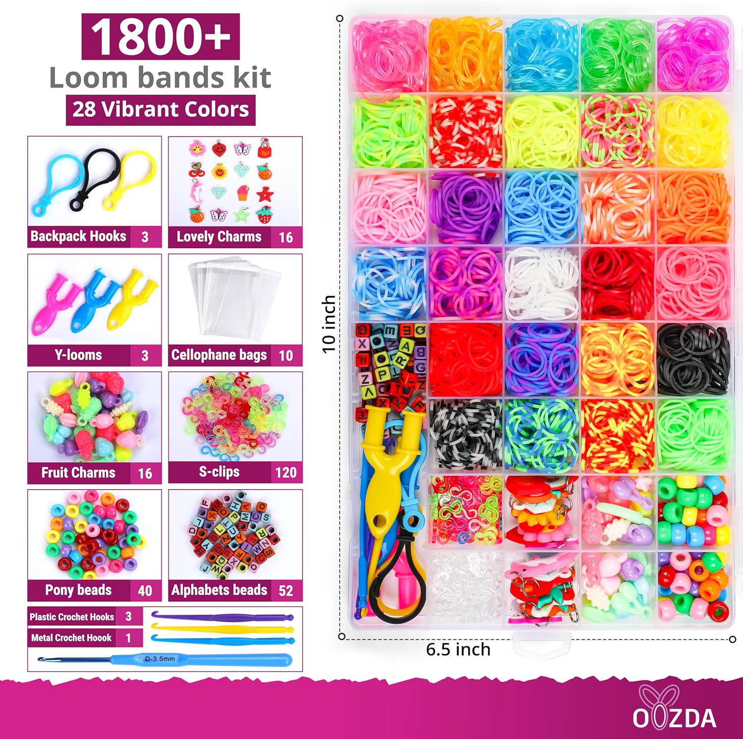 OOZDA Kit de pulsera de banda de goma con un gancho de ganchillo de metal, kit de fabricación de pulseras de telar de 28 colores para niños, kit de