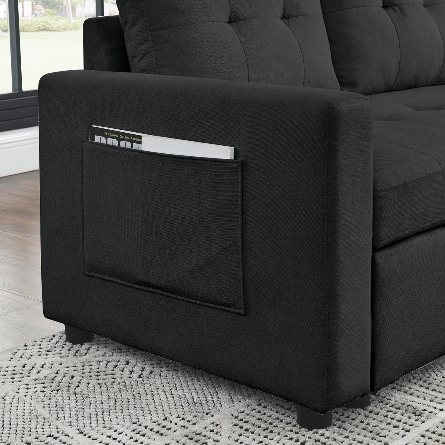Ucloveria Sofá cama modular reversible para sala de estar en forma de L, sofá futón 2 en 1 con bolsa de almacenamiento lateral, negro, negro, 78.5