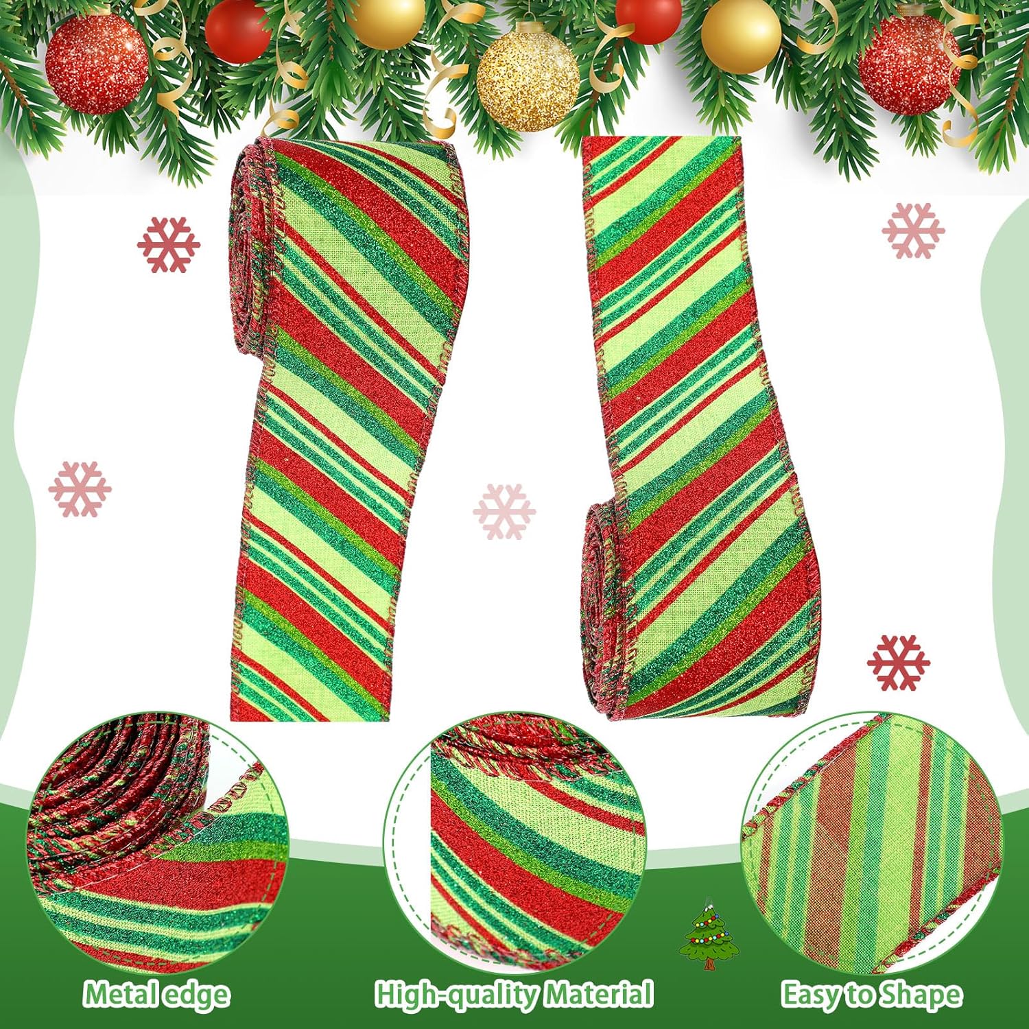 Yinder 2 rollos de cinta de Navidad de 20 yardas, cinta roja y verde con purpurina de 2.5 pulgadas, cinta decorativa para coronas, caja de regalo,