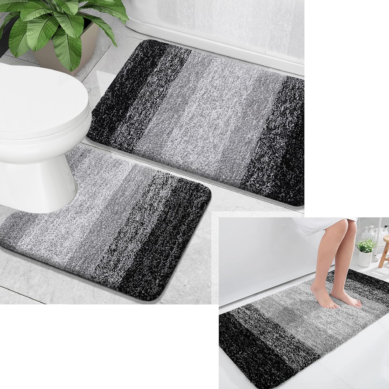OLANLY Juego de 2 alfombras de baño y alfombras de baño ombré, tamaño 47 x 24 pulgadas y juego de alfombras de baño 30 x 20 + 24 x 20 pulgadas,