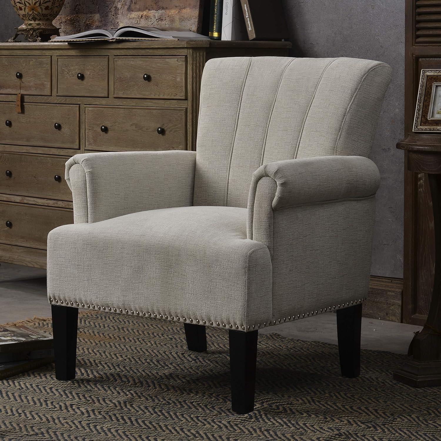 Accent Rivet – Sillón de poliéster copetudo, silla reclinable, silla de lectura, color crema