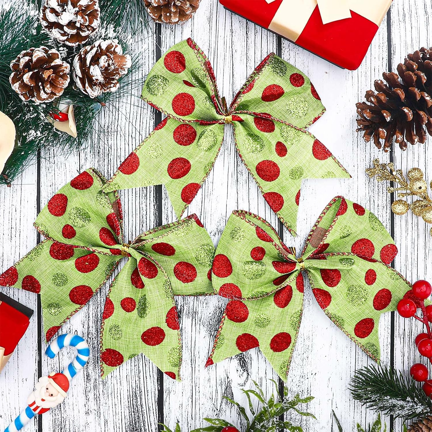 Jetec 12 lazos de Navidad rojos y verdes para decoración de coronas de Navidad grandes de 6 pulgadas, lazos de árbol de elfo, lazos de punto,