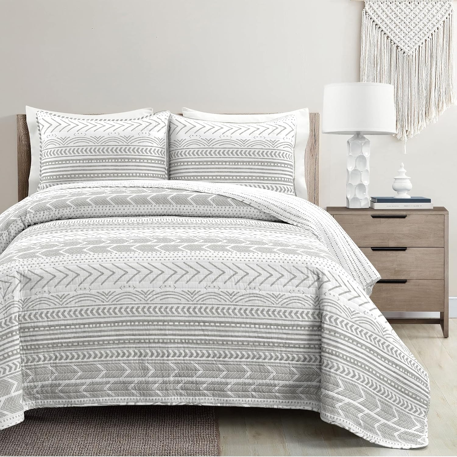 Lush Decor Hygge – Juego de ropa de cama de 3 piezas con diseño a rayas, tamaño matrimonialqueen, marfil