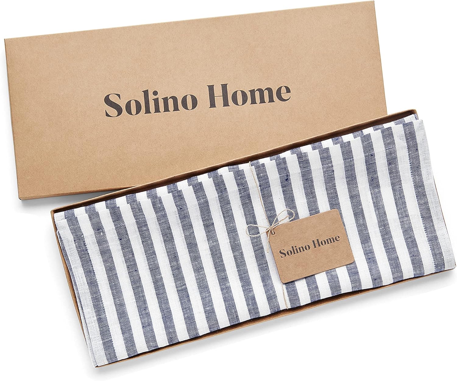 Solino Home Camino de mesa de lino a rayas de 90 pulgadas de largo, 100% lino puro de 16 x 90 pulgadas, rayas Amalfi azul marino y blanco, camino de