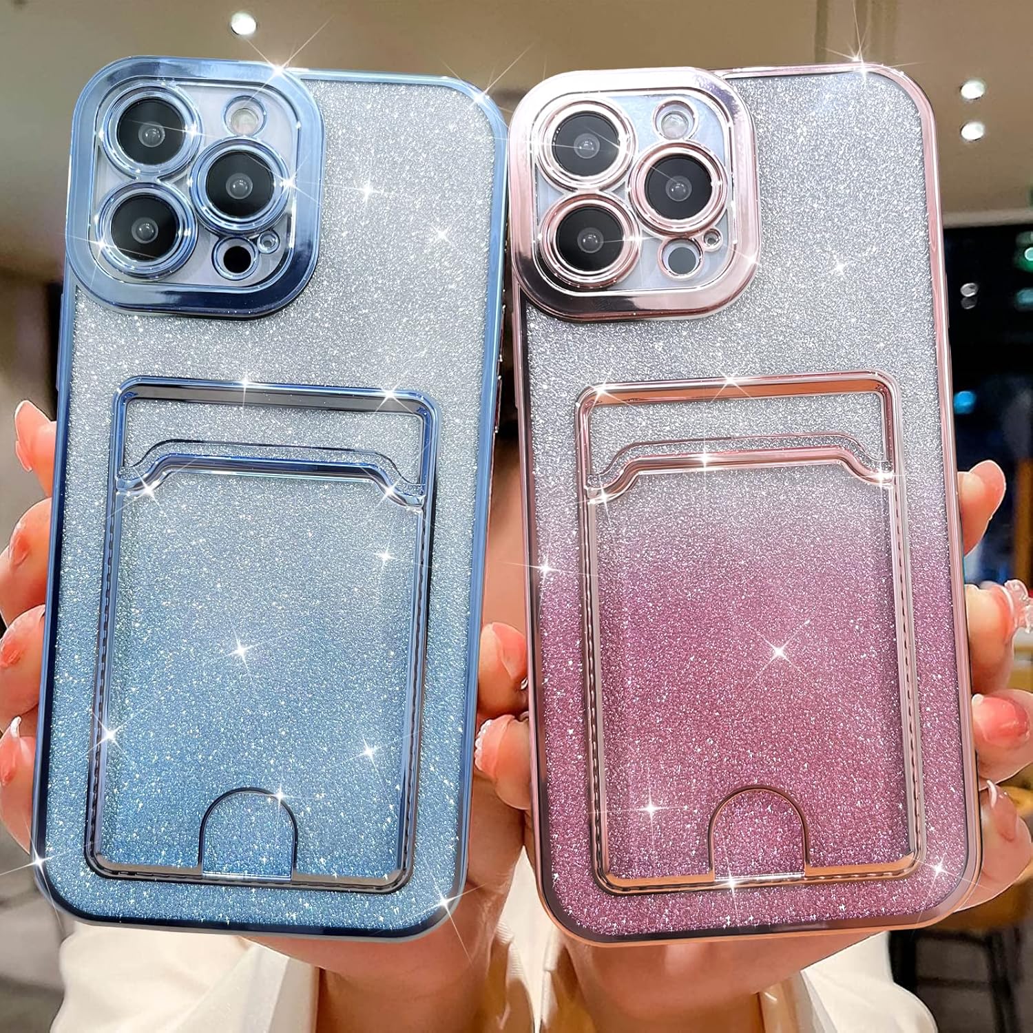 MZELQ Funda brillante chapada para iPhone 14 Pro Max, funda con purpurina degradada para tarjetero, protección de la cámara + 1 protector de