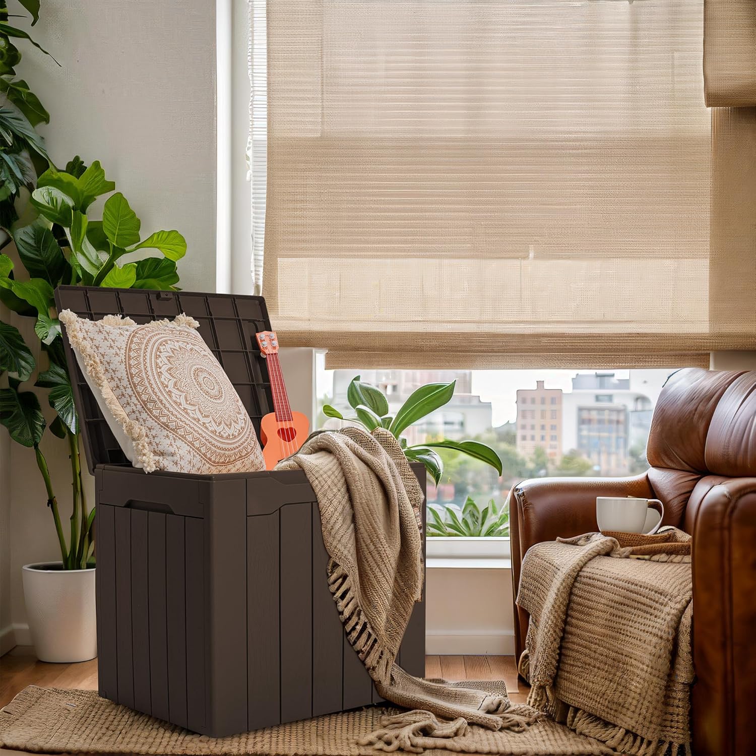 GUNJI Caja de cubierta pequeña de 30 galones Caja de almacenamiento de resina impermeable al aire libre Contenedor de almacenamiento con cerradura
