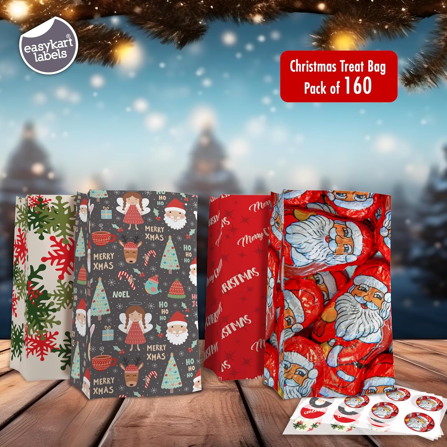 Bolsas de regalo de Navidad, 160 bolsas de papel de Navidad, 4 diseños, 160 calcomanías de Navidad, bolsa de regalos de Navidad, suministros de