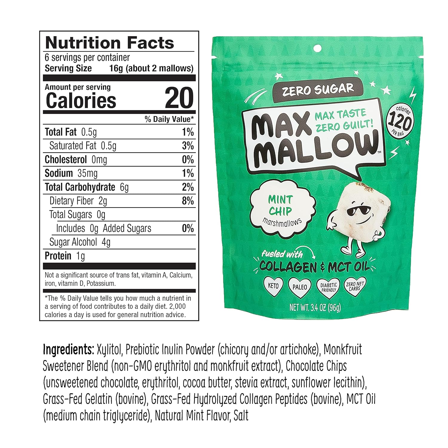 Know Brainer Max Mallow Mint Chip – Malvaviscos sin culpa y sin azúcar – Bajo en carbohidratos, cero grasas, sin gluten y cetogénico – Malvavisco