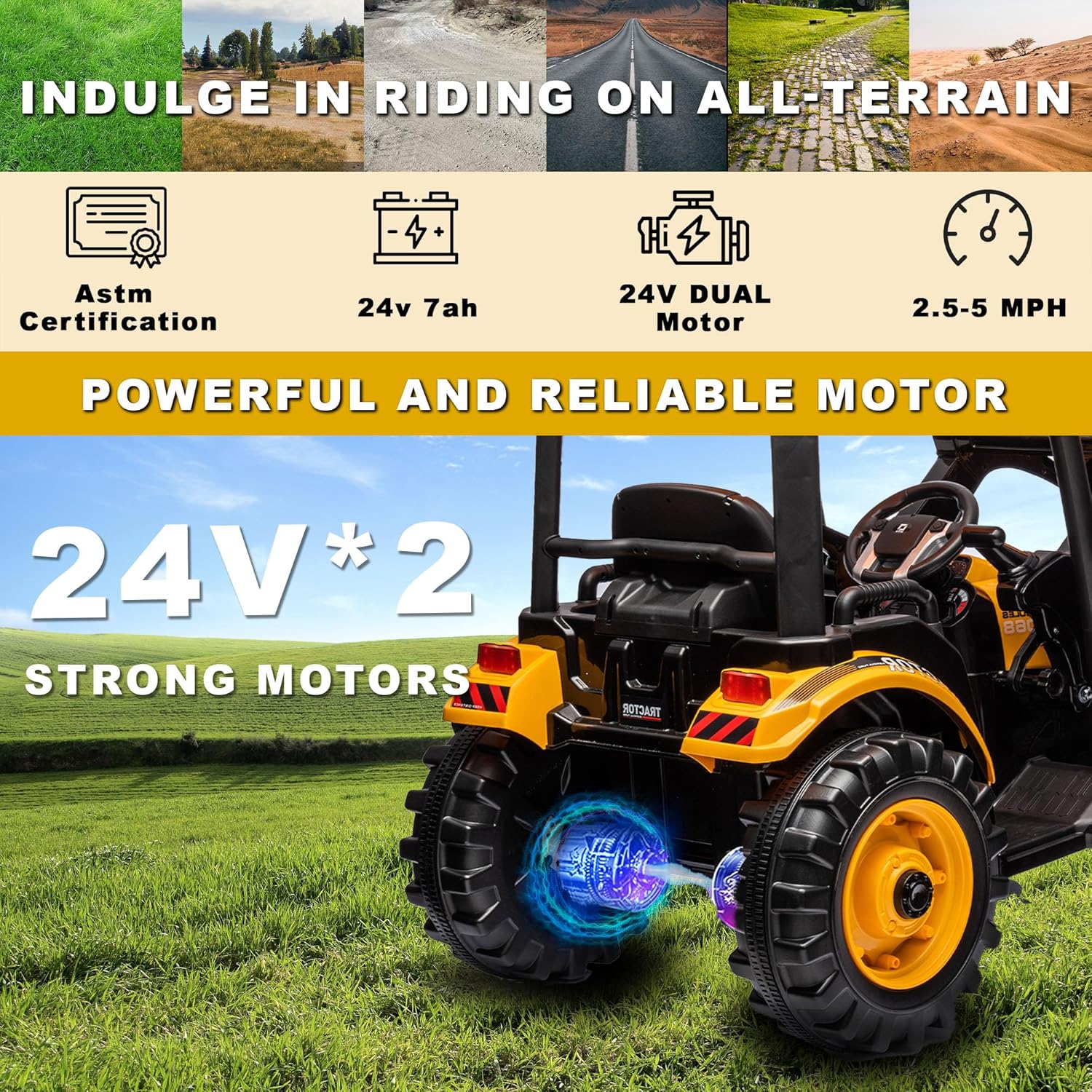 Tractor de paseo para niños, tractor de conducción de 24 V con remolque, juguete eléctrico a batería con motor doble, automóvil eléctrico para niños