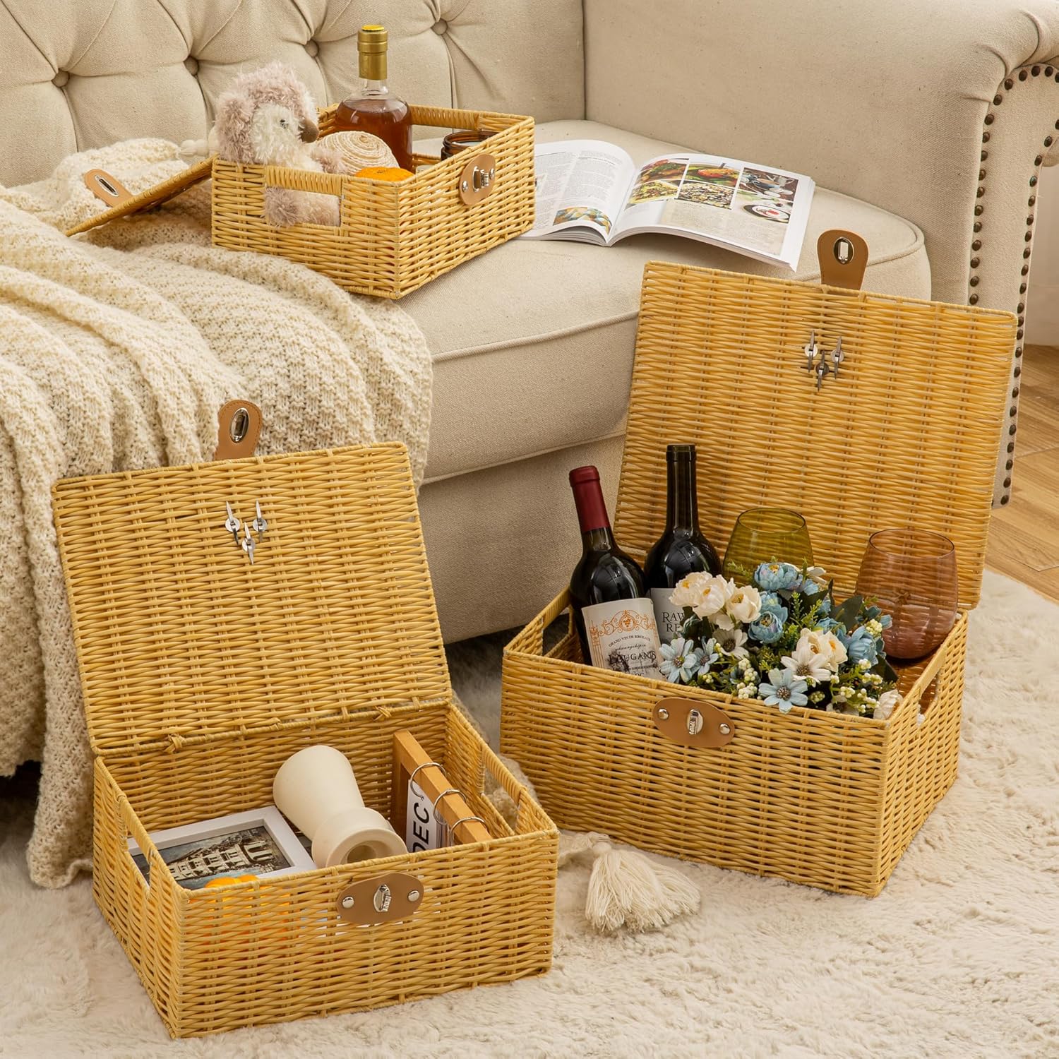 Homepeaz Cestas de almacenamiento de mimbre con tapas, juego de 3 cajas de almacenamiento decorativas para organizar, cestas tejidas con cerradura