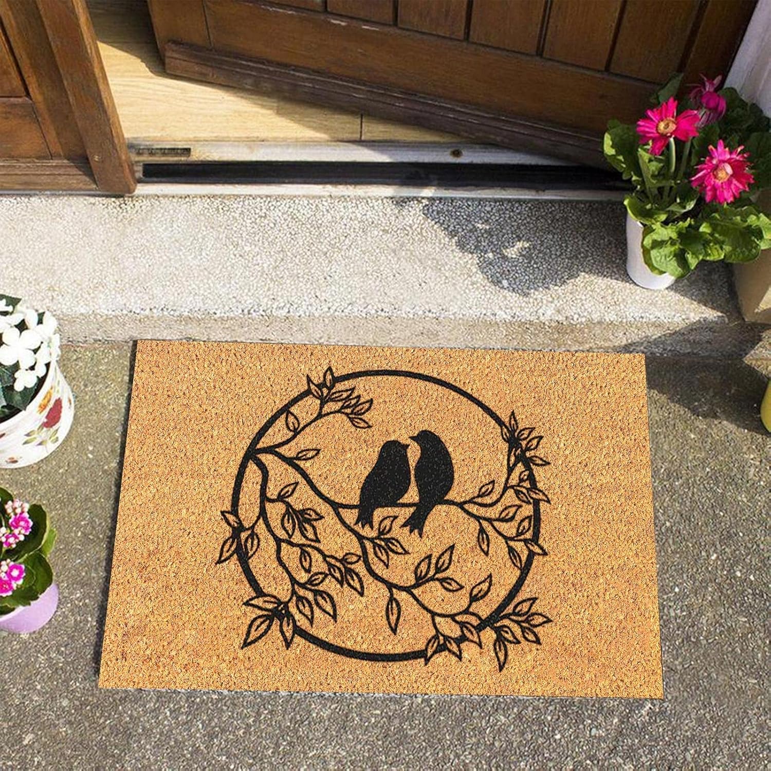 TUNKENCE Tapete de entrada, tapetes para puerta de entrada al aire libre, ramas y hojas, un par de estampados de pájaros, tapetes clásicos marrones