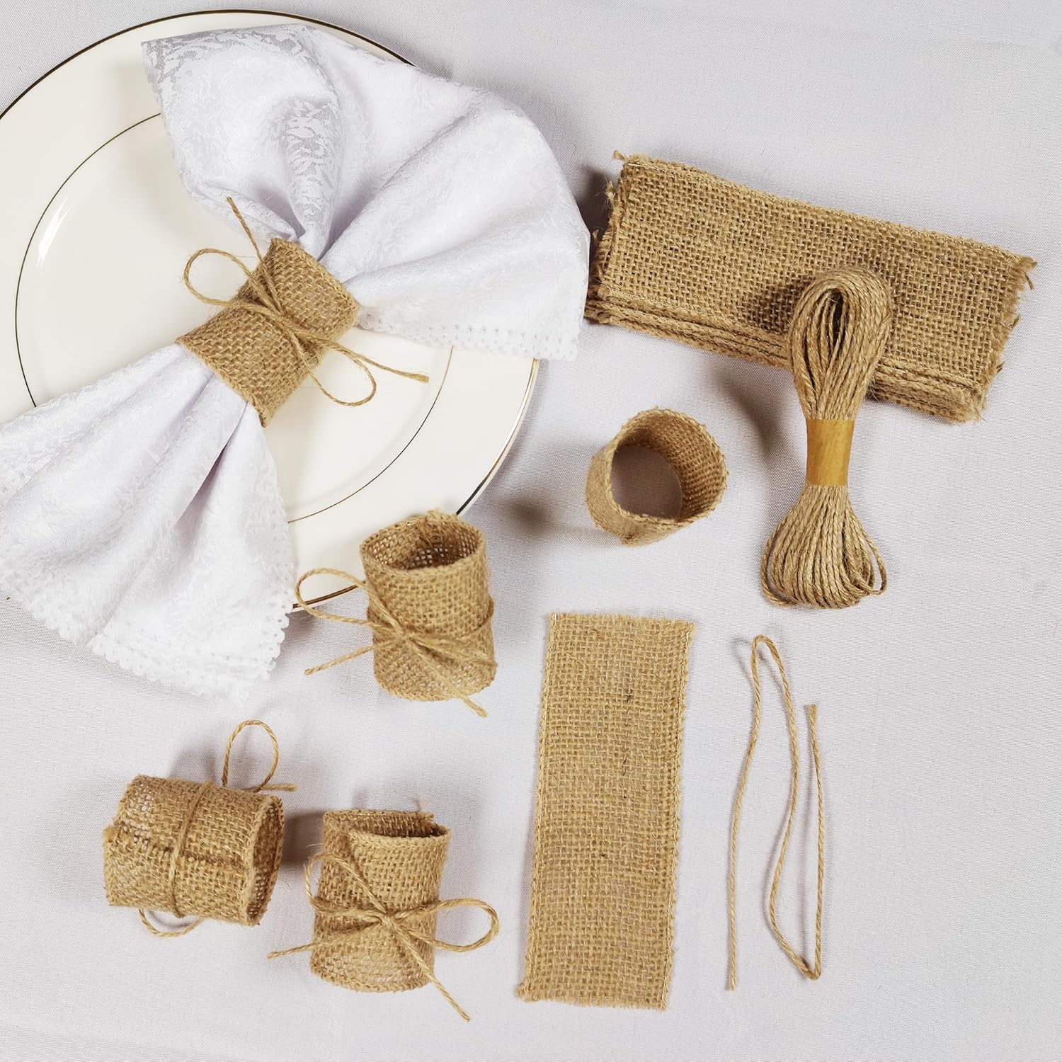 Juego de 100 servilleteros de arpillera natural con cuerda de yute, servilletas desechables a granel, anillo rústico para mesas, decoraciones,
