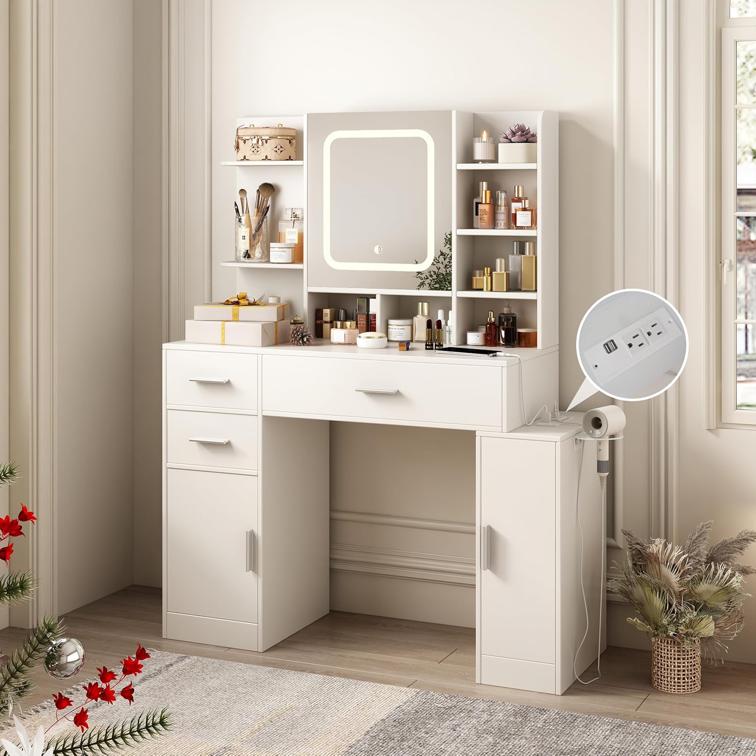 Fameill Escritorio de maquillaje con luces en 3 colores y espejo que se puede abrir, tocador blanco con 3 cajones y 2 armarios y estantes, mesa de