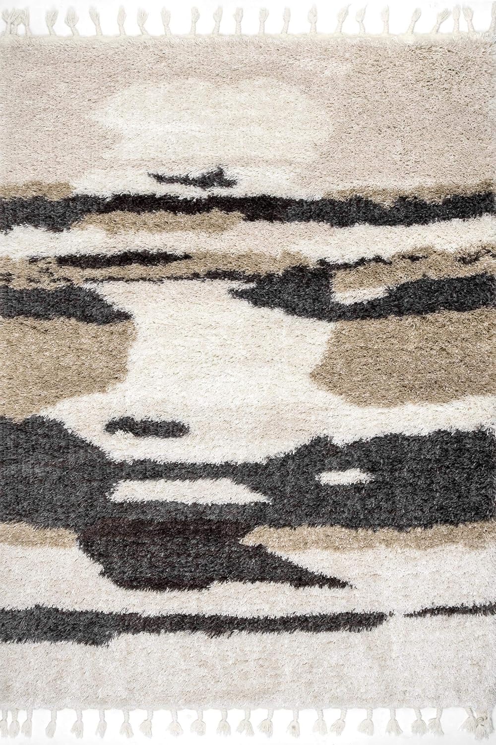 nuLOOM Elliot – Alfombra de felpa suave abstracta con borlas, 4 x 6, beige