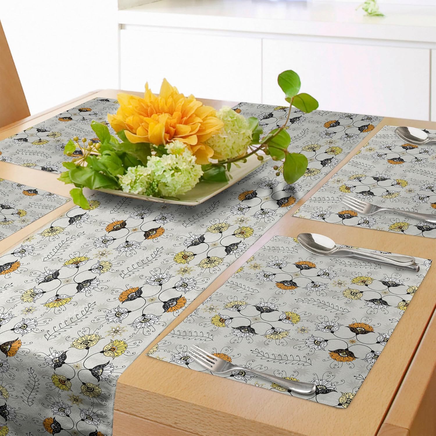 Ambesonne Camino de mesa y manteles individuales grises y amarillos, imagen de hojas de hiedra, juego para decoración de mesa de comedor, mantel