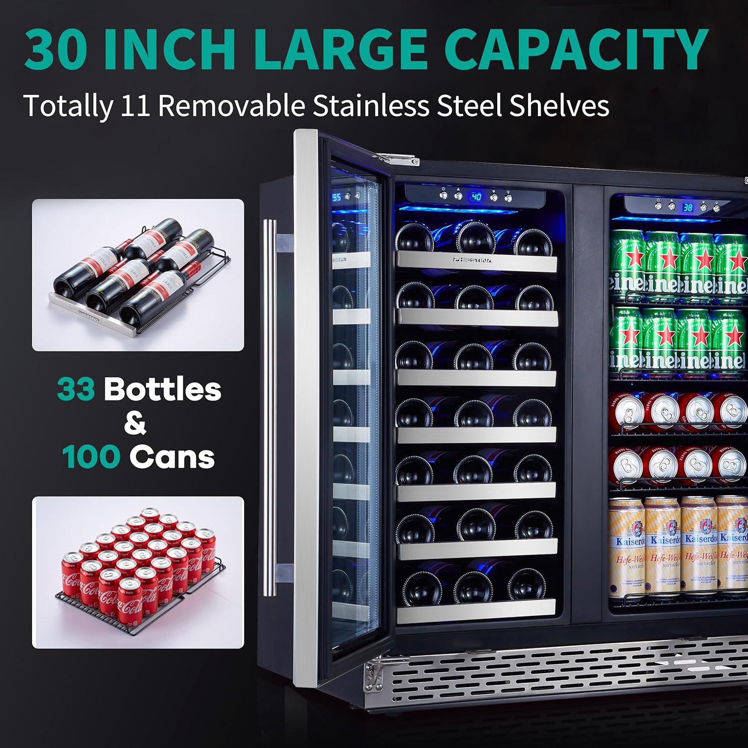 Phiestina Refrigerador de vino y bebidas, enfriador de vino de 30 pulgadas, refrigerador grande integrado o independiente, 33 botellas y 100 latas,