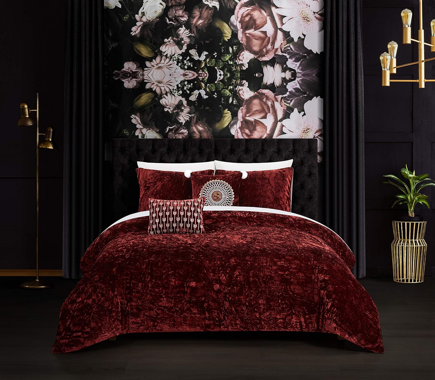 Chic Home Alianna – Juego de edredón de 5 piezas de terciopelo triturado arrugado, fundas de almohada decorativas incluidas, King, color burdeos