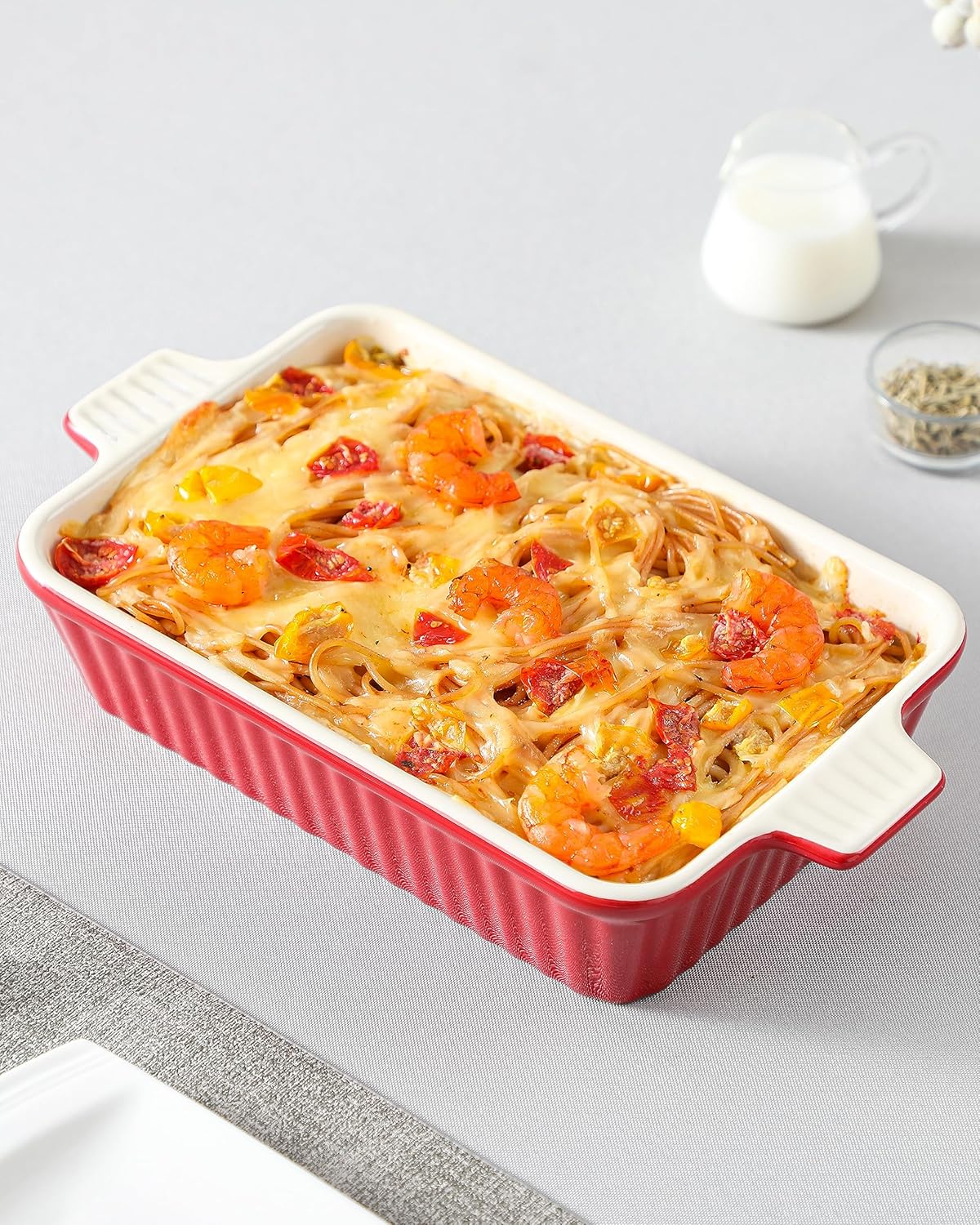 MALACASA Bandeja para hornear, cazuela para horno, bandeja de cerámica de 3 cuartos de galón, bandeja rectangular para lasaña profunda con asas para