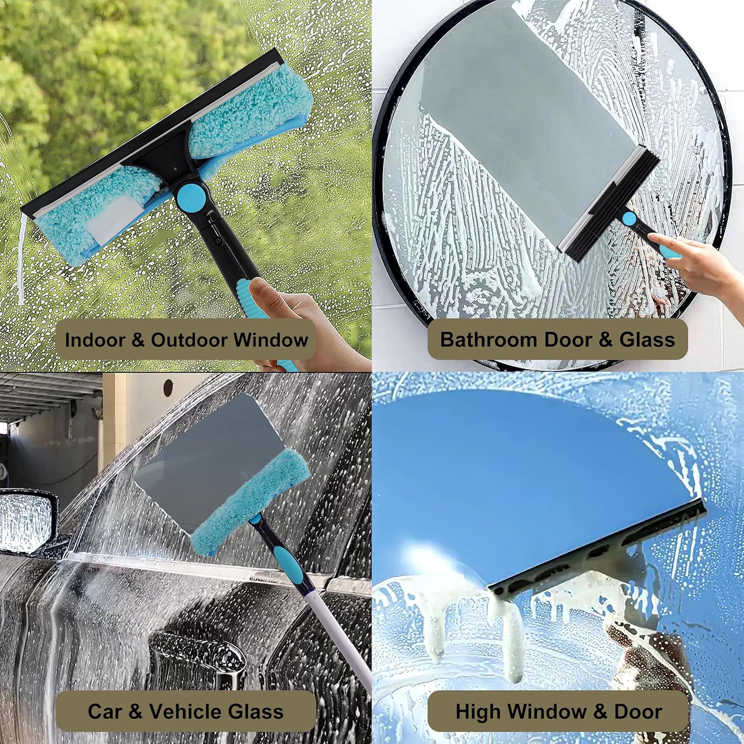 Combo de limpieza de ventanas giratorio y limpiador de ventana de microfibra con poste, kit de herramientas de limpieza de ventanas 2 en 1 para el