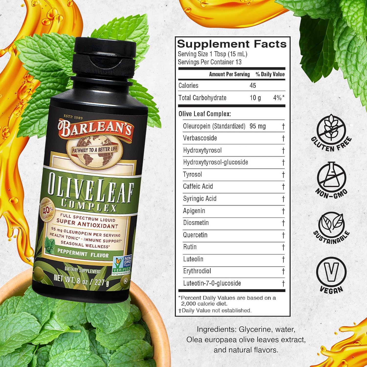 Barlean’s Peppermint Olive Leaf Complex Liquid Immune Support Supplement with 95mg Oleuropein Antioxidants for Seasonal Wellness, Heart Health, &