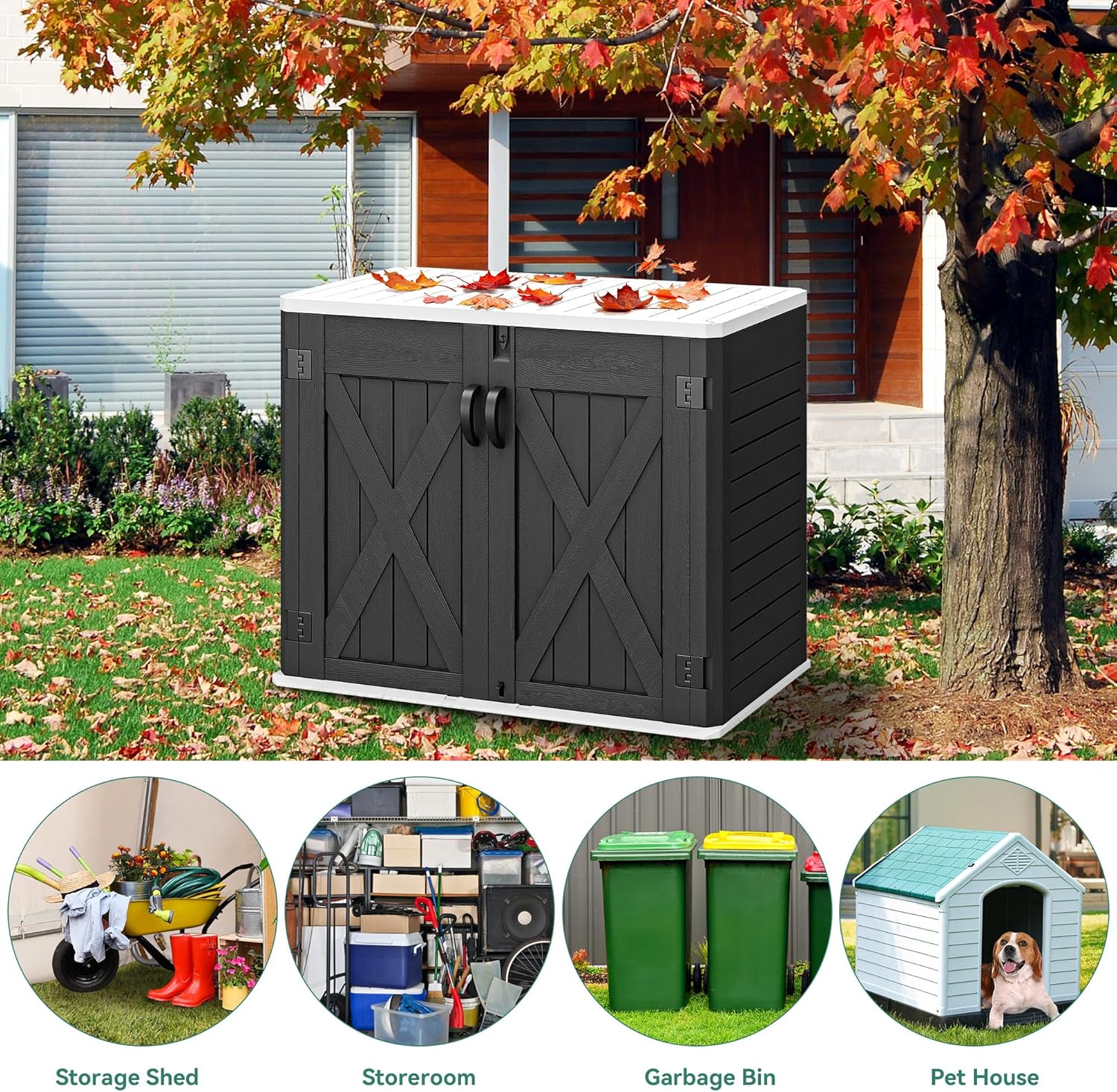 YITAHOME Cobertizo de almacenamiento horizontal para exteriores con puerta con cerradura en forma de X, 35 pies cúbicos de resina resistente a la