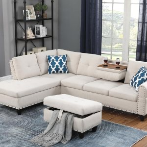 L Shaped Modular Sectional Sofa with Chaise Lounge and Storage Ottoman , Reversible Sleeper Corner Couch w Drop Down Backrest & Cupholders ,5 L Shaped Modular Sectional Sofa with Chaise Lounge and Storage Ottoman , Reversible Sleeper Corner Couch w Drop Down Backrest & Cupholders ,5
