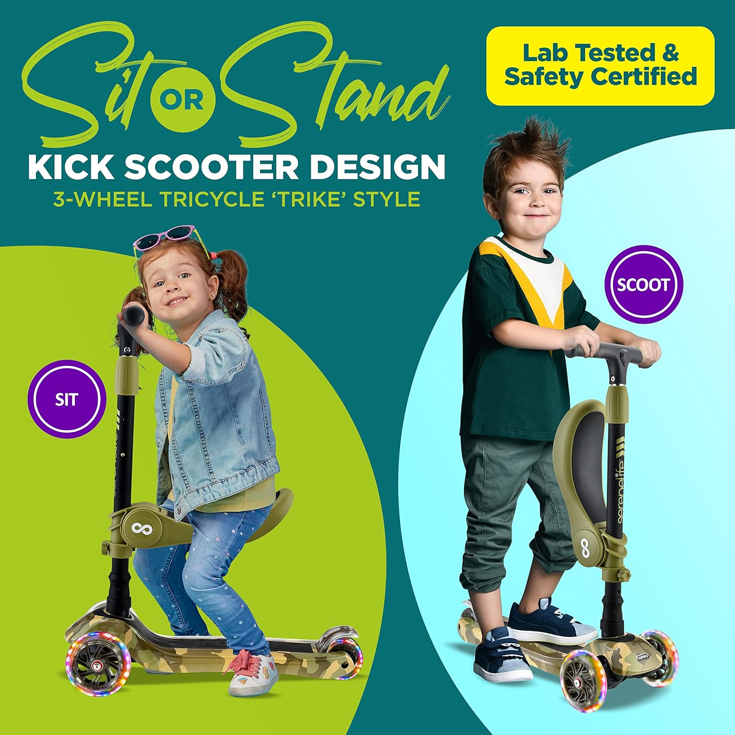 Patinete de 3 ruedas para niños  2 en 1 para sentarse o estar de pie para niños pequeños de juguete con asiento abatible, altura ajustable, cubierta